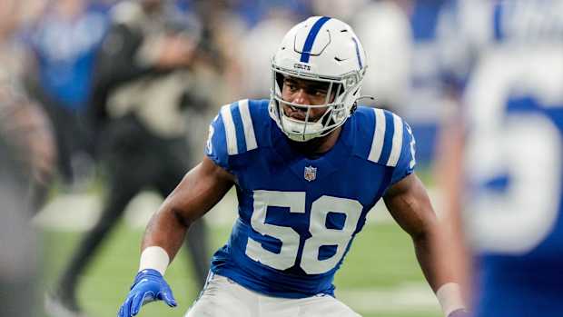 Indianapolis Colts linebacker Bobby Okereke (58) warms up Sunday, Jan. 8, 2023, before a game against the Houston Texans at Lucas Oil Stadium in Indianapolis.